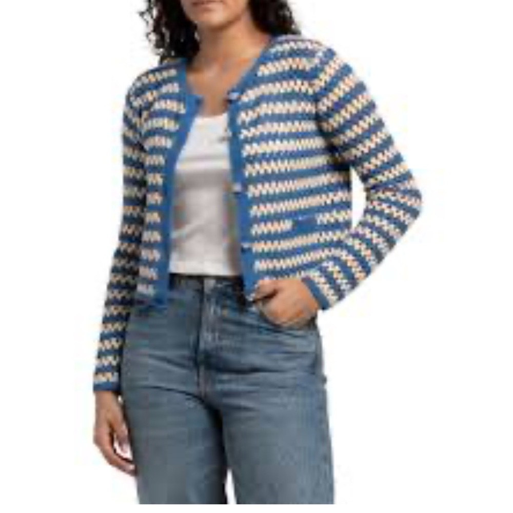 Elie Tahari blue and cream crochet button-down jewel button cardigan. - Picture 6 of 6